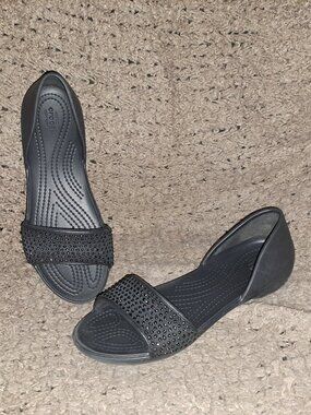 CROCS-Lina-Black Embellished D’Orsay Open Toe Flats-Sz 6-Near Mint